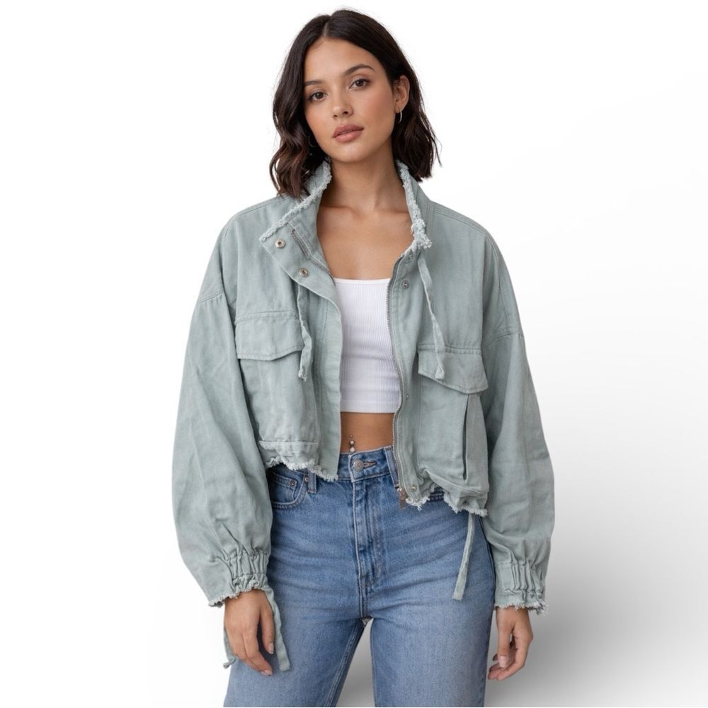 Forever 21 Mint Green Oversized Utility Raw Hem Cropped Denim Jacket